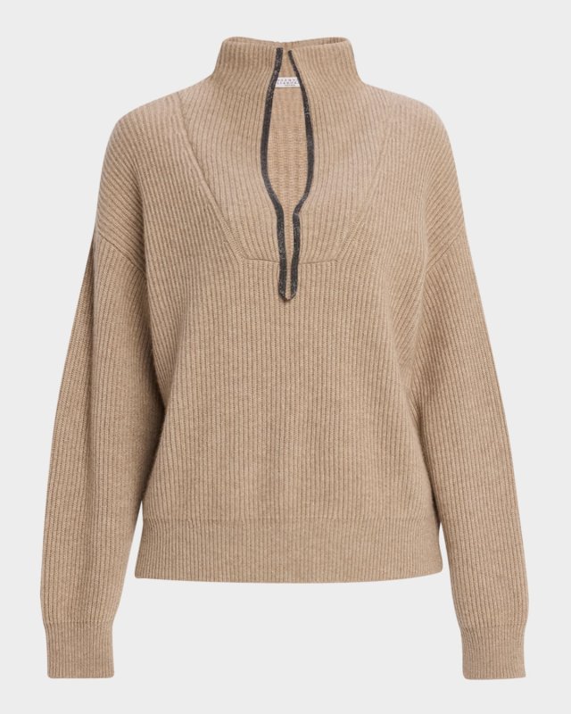 Ribbed Cashmere Deep-V Monili Trim Pullov